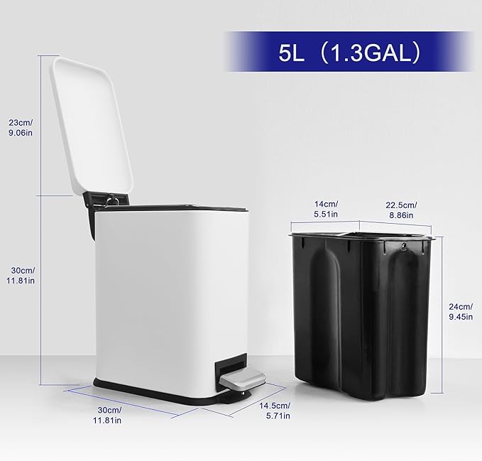 Bathroom Trash Can with Lid，5 Liter / 1.3 Gallon Small Trash Can with Removable - Image 5