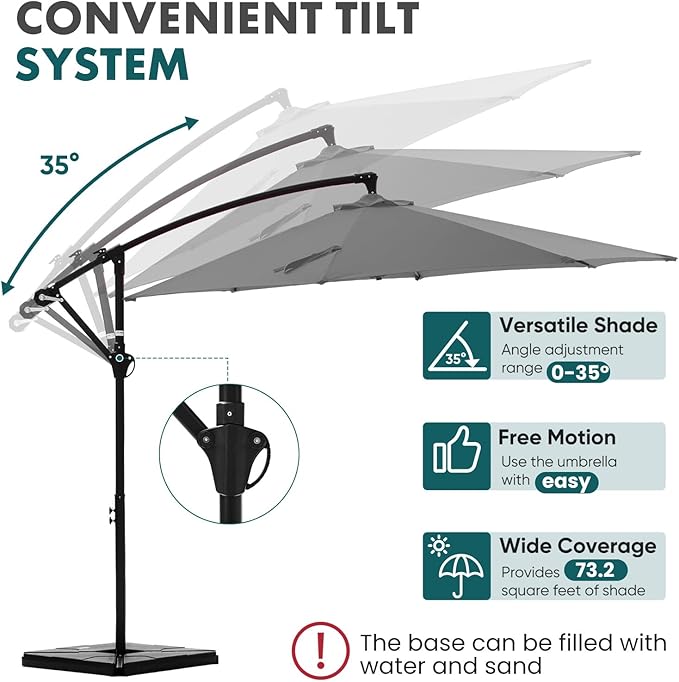 OLIXIS Offset Patio Umbrella, 9.7FT Cantilever Table Umbrellas for Outdoor Sun Shade UV Protection with Easy Tilt Adjustment, 8 Ribs for Backyard, Lawn, Garden, Pool - Grey - Image 3