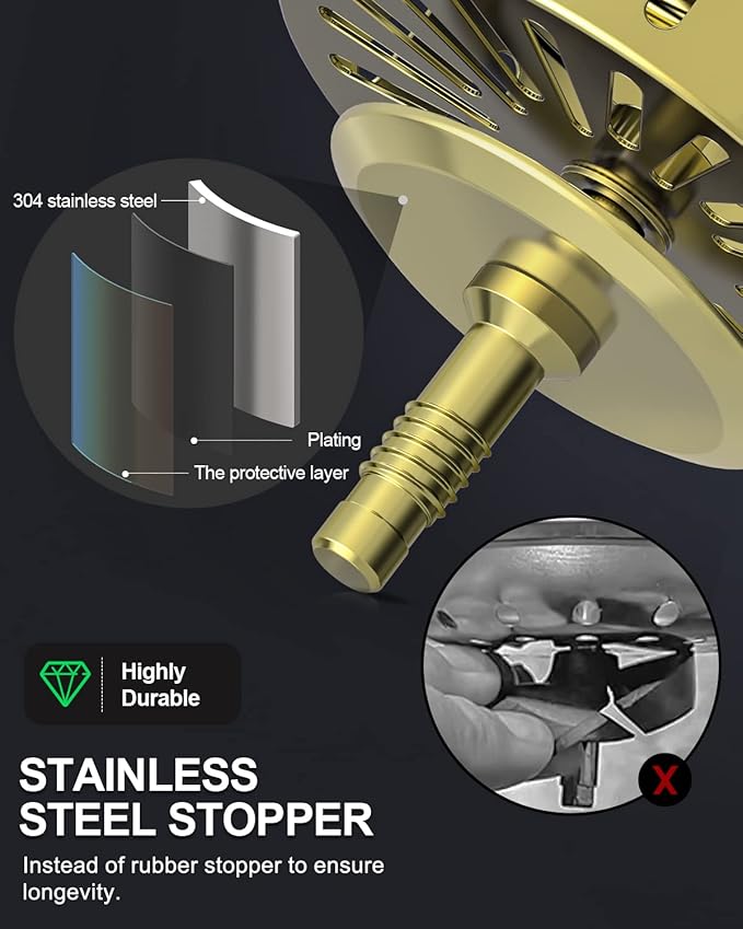 BOTEMY B9171 Gold Kitchen Sink Drain Kit 3 1/2 Sink Strainer - Image 3