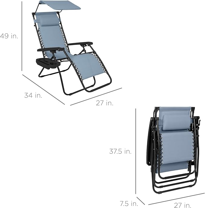 Best Choice Products Folding Zero Gravity Outdoor Recliner Patio Lounge Chair w/Adjustable Canopy Shade, Headrest, Side Accessory Tray, Textilene Mesh - Dusty Blue - Image 2