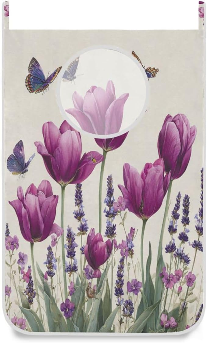Purple Tulilp Butterfly Hanging Laundry Hamper Door Hampers Bag Basket by Tatenale