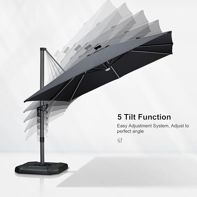 PURPLE LEAF 10 Feet Patio Umbrella with Base Outdoor Cantilever Solar Powered LED Square Umbrella Aluminum Offset Umbrella with 360-degree Rotation for Garden Deck Pool Patio, Grey - Image 6