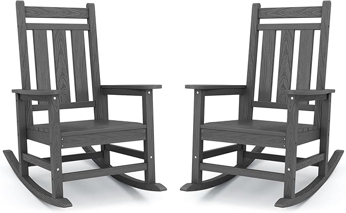 KINGYES Oversized Outdoor Rocking Chair Set of 2, All-Weather Patio Rocking Chairs for Porch, HDPE Outdoor Patio Rockers with High Back & Wide Seat for Garden, Lawn, Gray by KINGYES