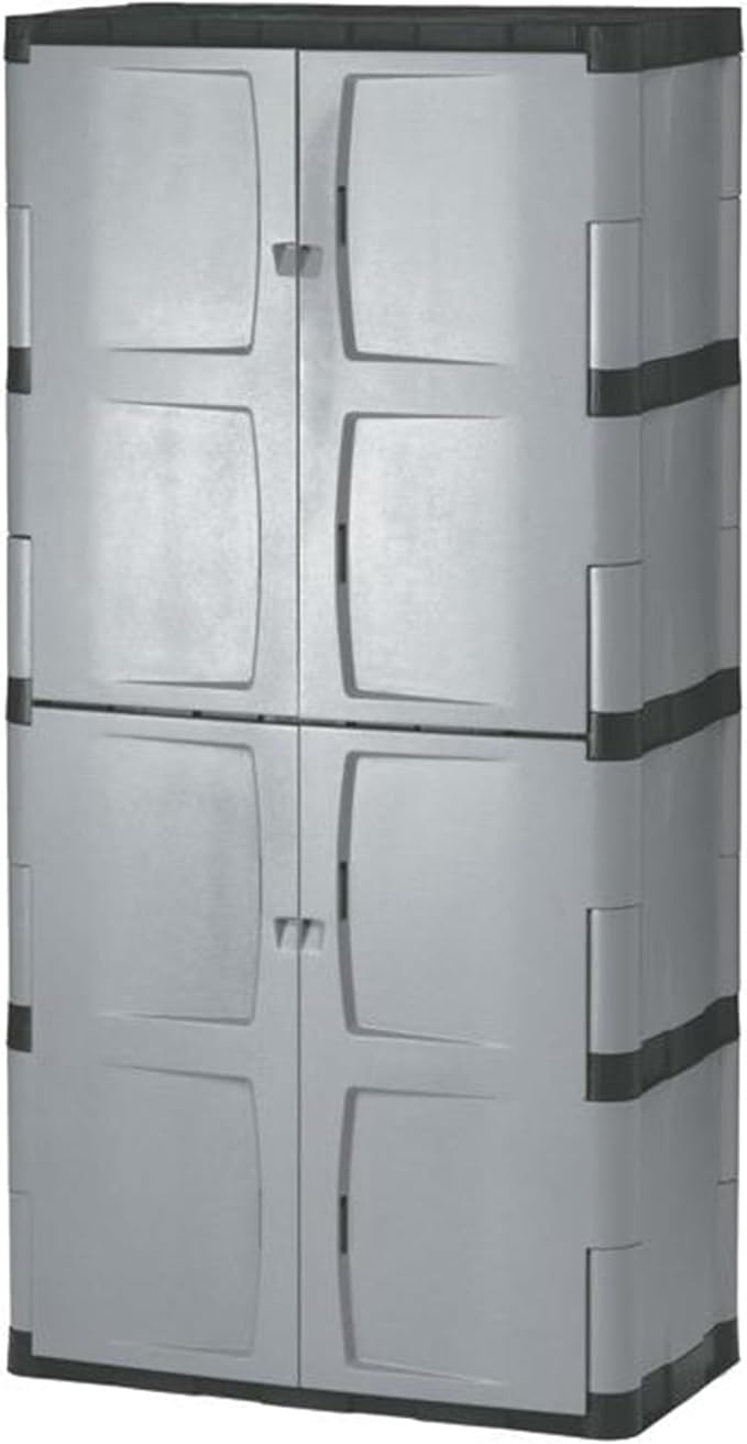 Rubbermaid Freestanding Storage Cabinet Five Shelf with Double Doors Lockable Large 690-Pound Capacity Gray For Garage/Outdoor Garden Tools/Toys/Power Tools/Pool Accessories Grey by Rubbermaid