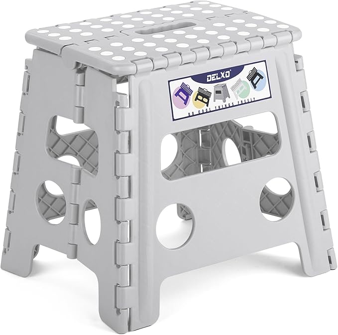 Delxo Folding Step Stool, 13 inch Non-Slip Foldable Stools for Kids & Adults Up to 300 LBS, Step Stool with Handle, Lightweight for Kitchen, Bathroom, Bedroom, Garden, Grey, 1PC by Delxo