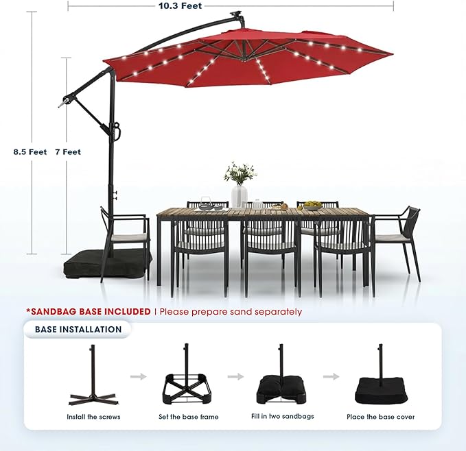 wikiwiki 10ft Solar LED Patio Umbrella with Base Included, Offset Umbrella with Weighted Sandbag Base, Cantilever Patio Umbrellas for Backyard, Garden & Deck, 32 LED Lights & Polyester Shade, Red - Image 5