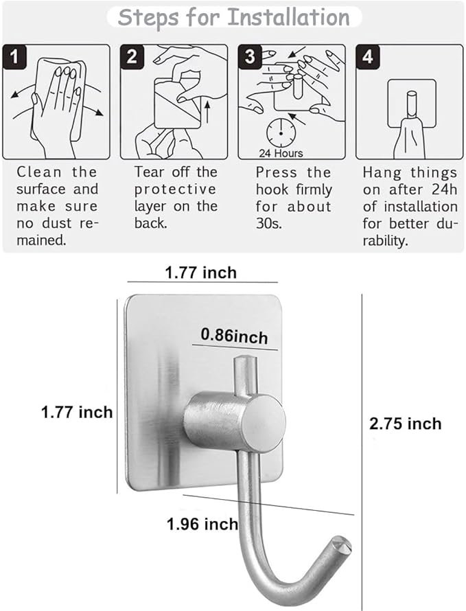 Self Adhesive Towel Hooks, Waterproof Rustproof Stainless Steel Sticky Wall - Image 7