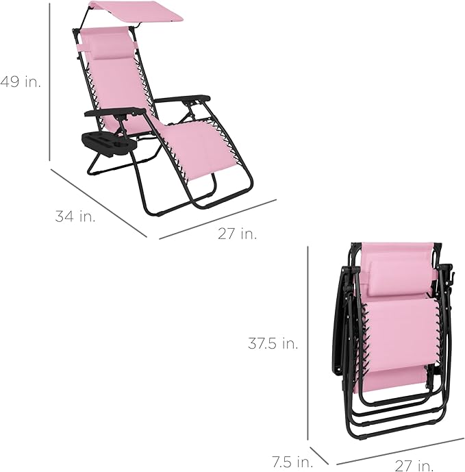 Best Choice Products Folding Zero Gravity Outdoor Recliner Patio Lounge Chair w/Adjustable Canopy Shade, Headrest, Side Accessory Tray, Textilene Mesh - Bubblegum Pink - Image 2