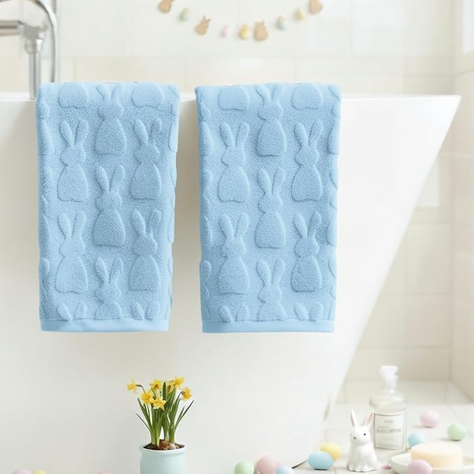 Artoid Mode 2 Pcs Light Blue 3D Rabbit Jacquard Easter Hand Towels - Image 3