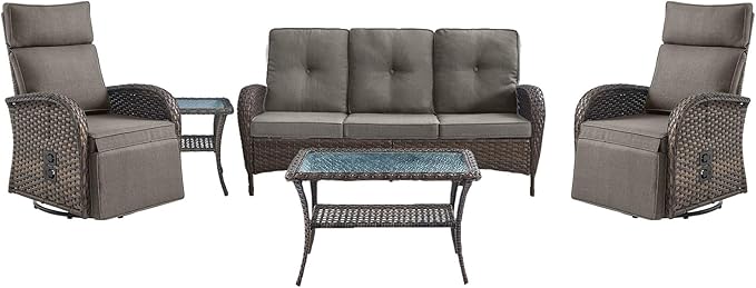 5 Piece Patio Furniture Set with Swivel Recliner Chair - Removable Outdoor Patio Couch Set, Chaise Lounge Chair Outdoor with Adjustable Backrest and Footrest and Coffee Table for Casual Gathering by Belord