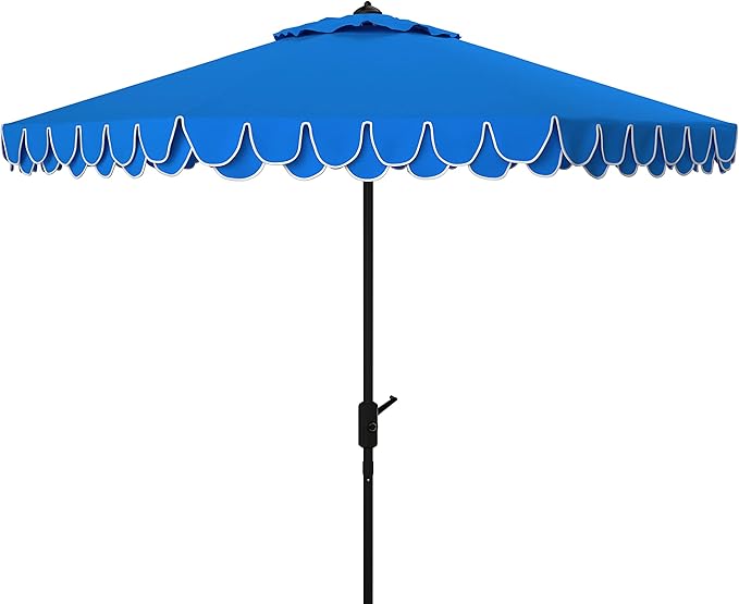 SAFAVIEH 9ft Outdoor Patio Umbrella, Round, Valance, Pacific Blue & White Trim, Auto Crank Tilt, UV Resistant for Deck, Backyard, Poolside (PAT8006P) by SAFAVIEH