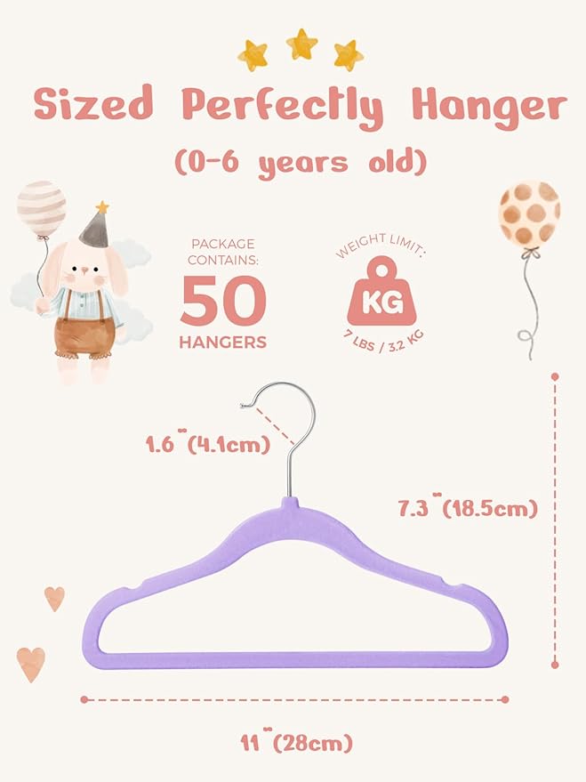 HOUSE DAY 11 Inch Velvet Baby Hangers 50 Pack Lt-Purple, Premium Kids Hangers - Image 6