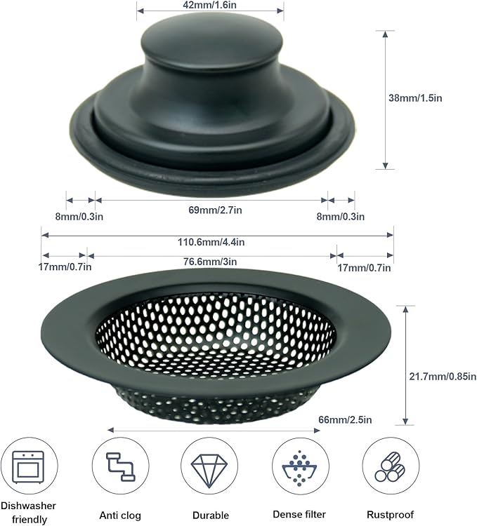 RQYEKDO Kitchen Sink Strainers Sink Stopper Kits, Stainless Steel Sink Drain - Image 2