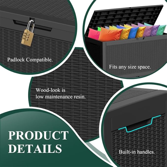 120 Gallon Resin Deck Box, Lockable Weatherproof Outdoor Storage Box for Furniture, Garden Tools and Tools Storage, Waterproof Outside Storage Boxes - Black - Image 6
