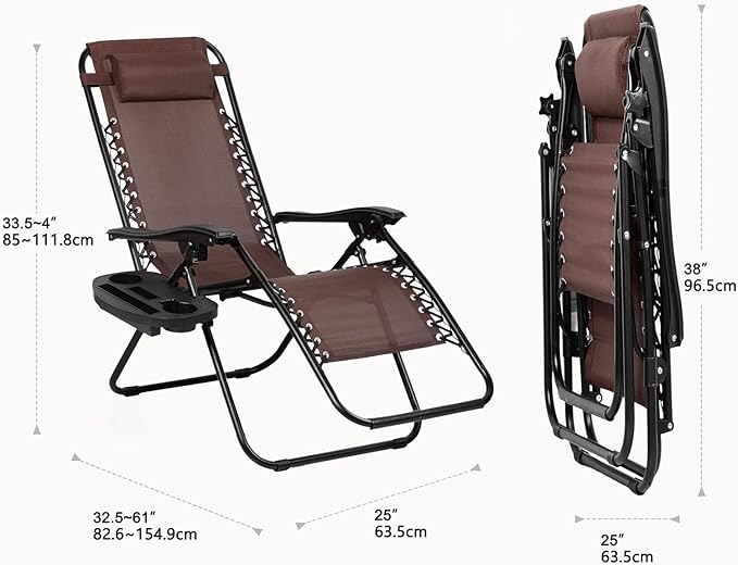 Nazhura Set of 2 Relaxing Recliners Patio Chairs Adjustable Steel Mesh Zero Gravity Lounge Chair Beach Chairs with Pillow and Cup Holder Khaki (Brown) - Image 3