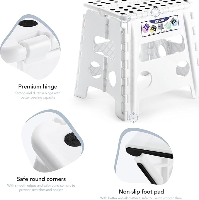 Delxo 13" Folding Step Stool for Kids and Adults, Non-Slip Foldable Step Stools with Handle,Plastic Portable Folding Stool for Bathroom,Bedroom,Kitchen,Hold up to 300lbs White - Image 7