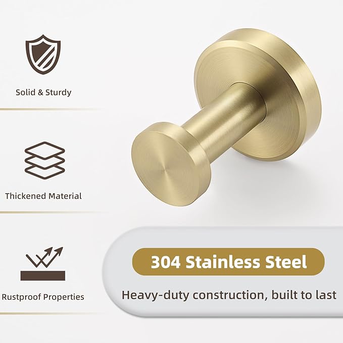 APLusee Brushed Gold Single Robe Wall Hook, 304 Stainless Steel Heavy Duty - Image 9