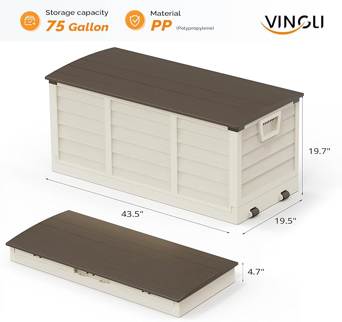 VINGLI 75 Gallon Collapsible Outdoor Storage Box, Simple-to-assemble Plastic Storage Containers with Lid, Patio Deck Box Furniture for Garden, Pool, Balcony, Yard (Coffee) - Image 4