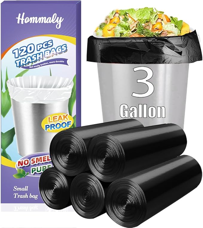 3 Gallon 120pcs Small black Trash Bags Plastic Strong black Garbage Bags by HOMMALY