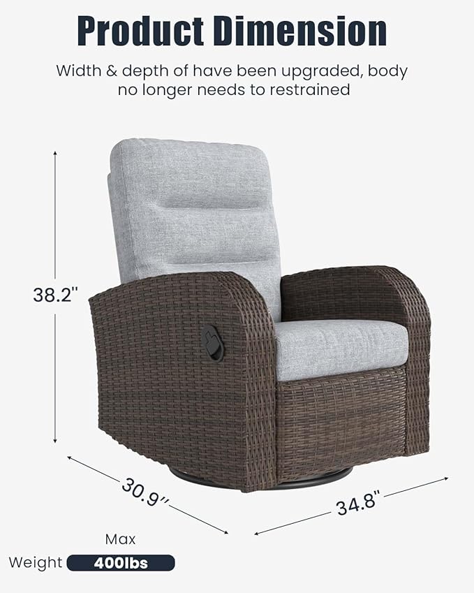 Outdoor Swivel Recliner Chair Set of 2, All-Weather Wicker Reclining Patio Chair with Adjustable Backrest and Footrest - Image 8