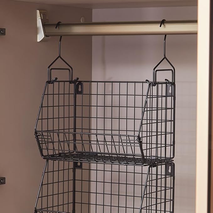 3 Tier Hanging Foldable Wire Baskets Closet Organizer Clothes Shelves - Image 7