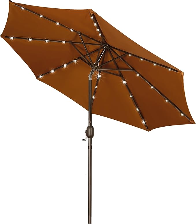 Blissun 9 ft Solar Umbrella 32 LED Lighted Patio Umbrella Table Market Umbrella with Tilt and Crank Outdoor Umbrella for Garden, Deck, Backyard, Pool and Beach, Brown by Blissun