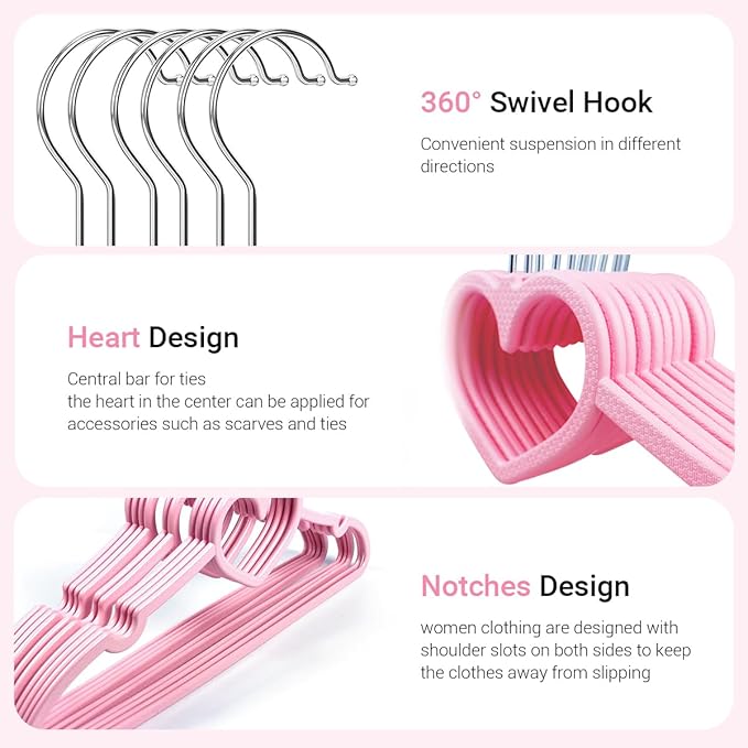 Plastic Hangers 30 Pack, Cute Heart Hangers Ultra Thin Space Saving - Image 3