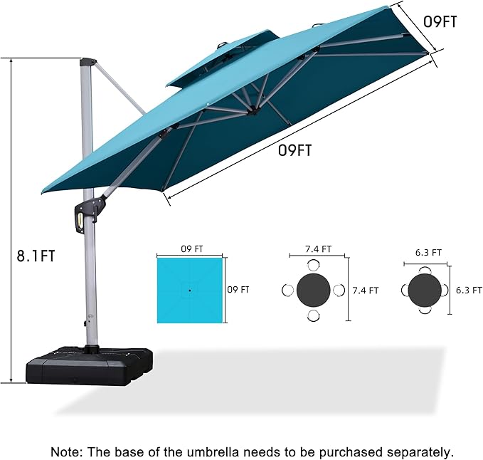 PURPLE LEAF Patio Umbrella 9ft Outdoor Square Umbrella Large Cantilever Umbrella Windproof Offset Heavy Duty Sun for Garden Deck Pool Patio, Turquoise Blue - Image 8