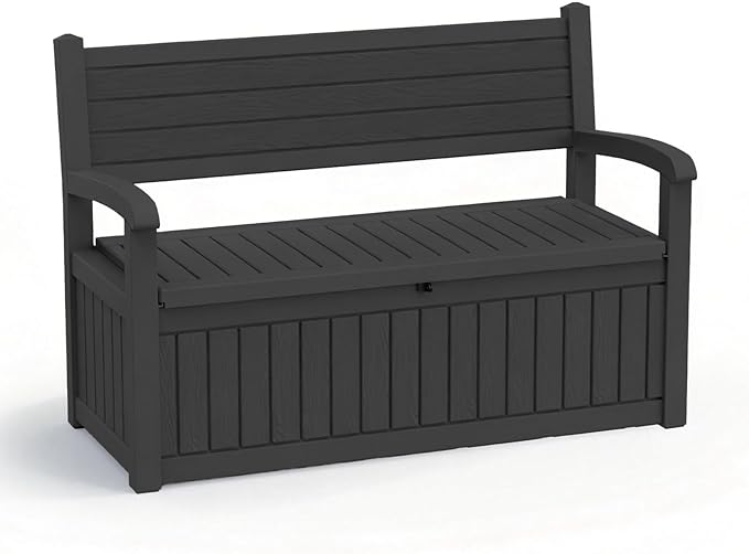 EasyUp 80 Gallon Wood Grain Style Outdoor Storage Bench, Waterproof and Lockable Deck Box Outdoor Storage Furniture for Patio,Garden,and Porch – Perfect for Storing Garden Tools and Cushions(Black) by EASYUP