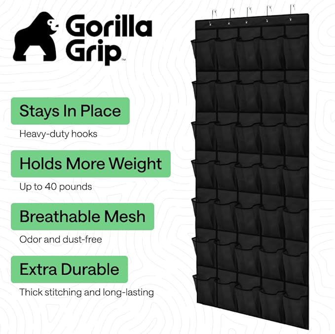GORILLA GRIP Over the Door Shoe Organizer, 35 Large Breathable Mesh Pockets - Image 2