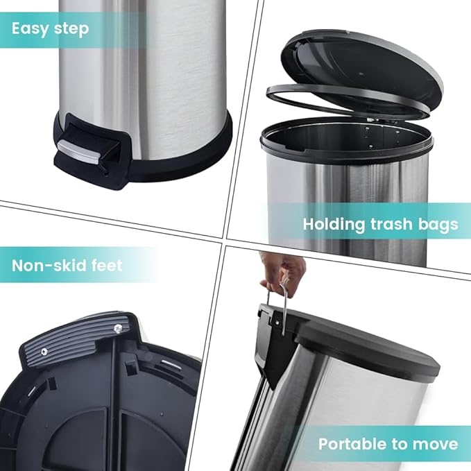 10 Gallon Stainless Steel Trash Can – Round Tall Design, Hands-Free Pedal - Image 6