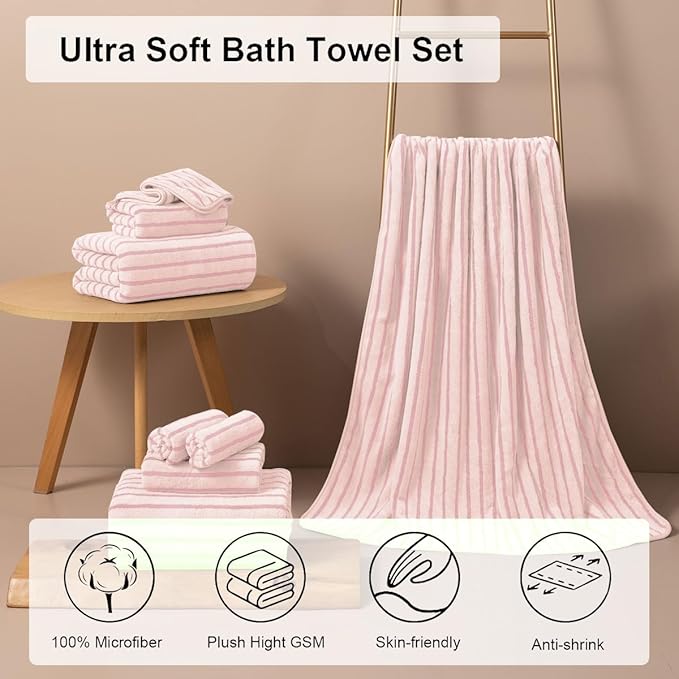 Oliven 8 Pcs Pink Cabana Stripe Large Bath Towels Set Oversized Bath Sheet-2 - Image 2