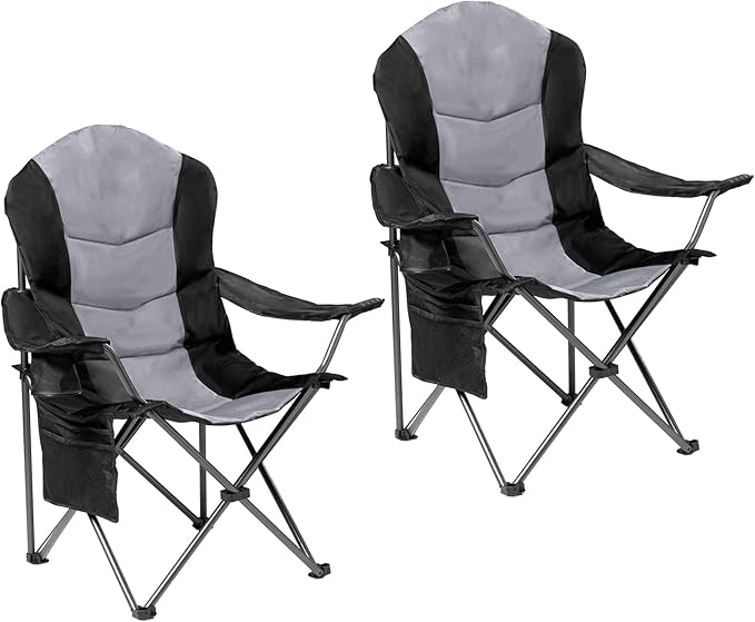 2 Pack Folding Camping Chairs for Adults - High Back Padded Outdoor Lawn Chairs with Lumbar Support & Cup Holder, 400lbs Heavy Duty Portable Camping Chairs Set (Black & Light Gray) by Unknown