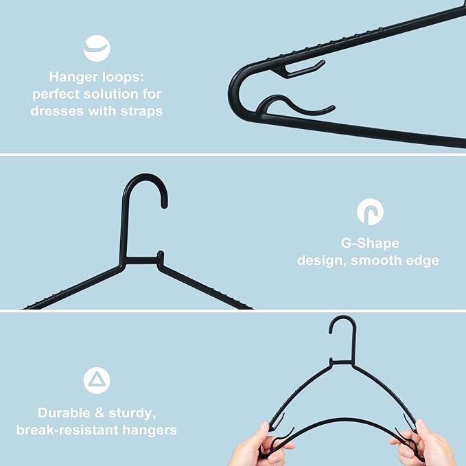 Black Plastic Hangers 50 Pack, Light Weight Durable Clothes Hangers G-Shape - Image 3