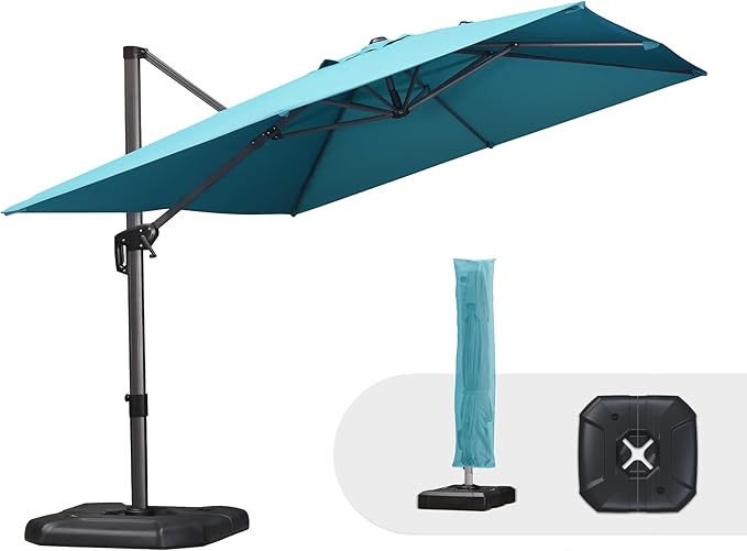 PURPLE LEAF 9'×11.5' Cantilever Patio Umbrella with Base Rectangle Offset Outdoor Umbrella Cover with Zipper for Garden Deck Pool Turquoise Blue by PURPLELEAF
