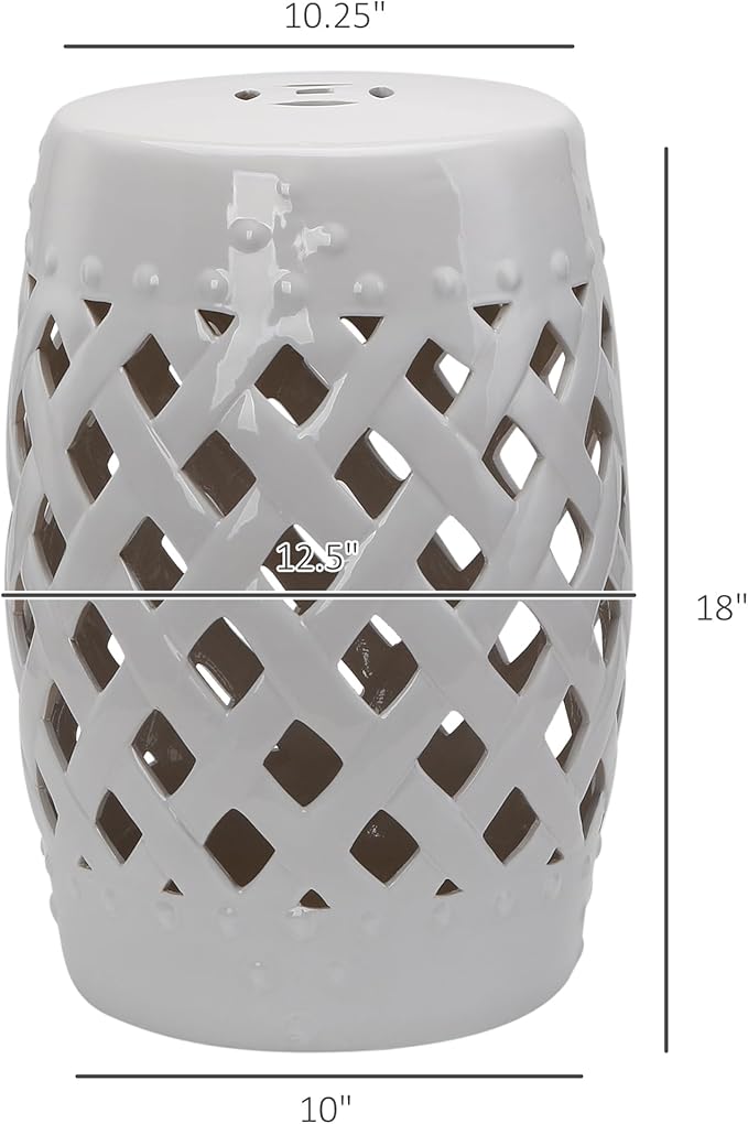 Outsunny 13" x 18" Ceramic Garden Stool with Woven Lattice Design & Glazed Strong Materials Decorative Outdoor Stool, White - Image 3