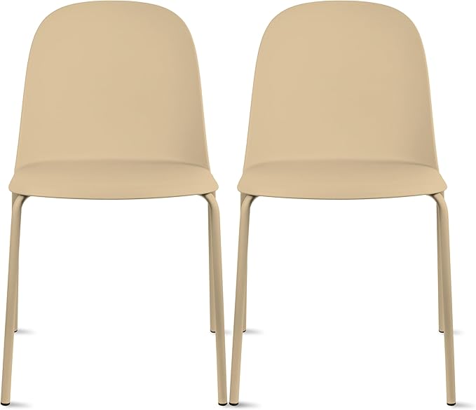 2xhome Set of 2 Modern Stackable Armless Dining Chairs | Plastic Shell Seat with Metal Legs | Indoor or Outdoor Use | Home Kitchen Patio, Beige by 2xhome