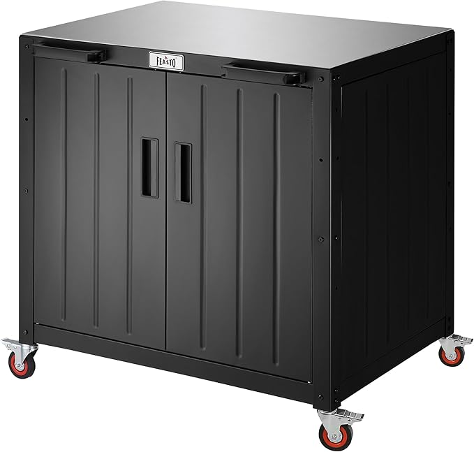Outdoor Grill Cart with Storage Cabinet and Stainless Steel Top, 35-Inch Outdoor Grill Station with Door, Modular Kitchen Island for Food Prep and BBQ, Black & Silver by Idealforcook
