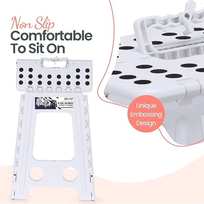Delxo Folding Step Stool 17.5 Inch White Step Stools for Kids Foldable,Portable Collapsible Step Stool with Handle, Folding Stool for Kitchen Bathroom,Bedroom,Garden - Image 3