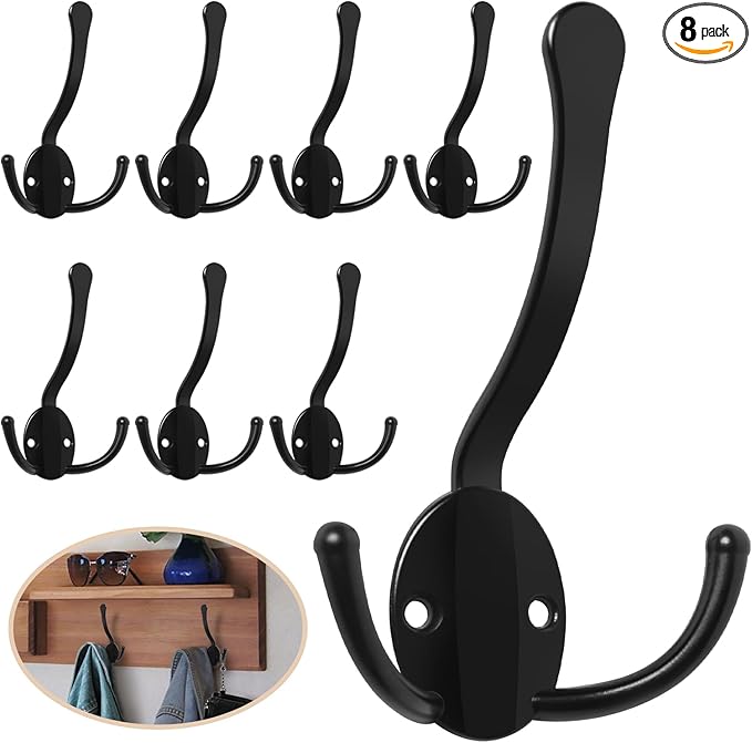 8 Pack Coat Hooks Heavy Duty, Metal Three Prongs Large Coat Hooks Wall Mounted by Homanu