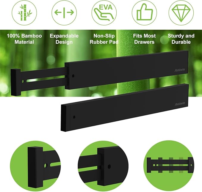 ANTOWIN 10pack Bamboo Drawer Dividers, Expandable Drawer Separators Splitter - Image 2
