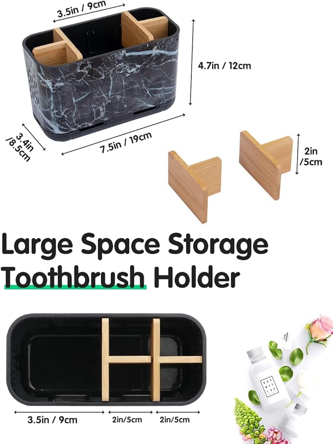 Marble Toothbrush Holders, 5 Slots Bamboo Toothbrush and Toothpaste Holder - Image 6