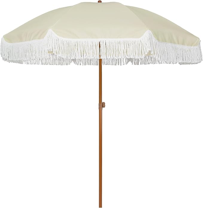 AMMSUN 7ft Patio Umbrella with Fringe Outdoor Tassel Umbrella UPF50+ Premium Steel Pole and Ribs Push Button Tilt, Light Beige by AMMSUN