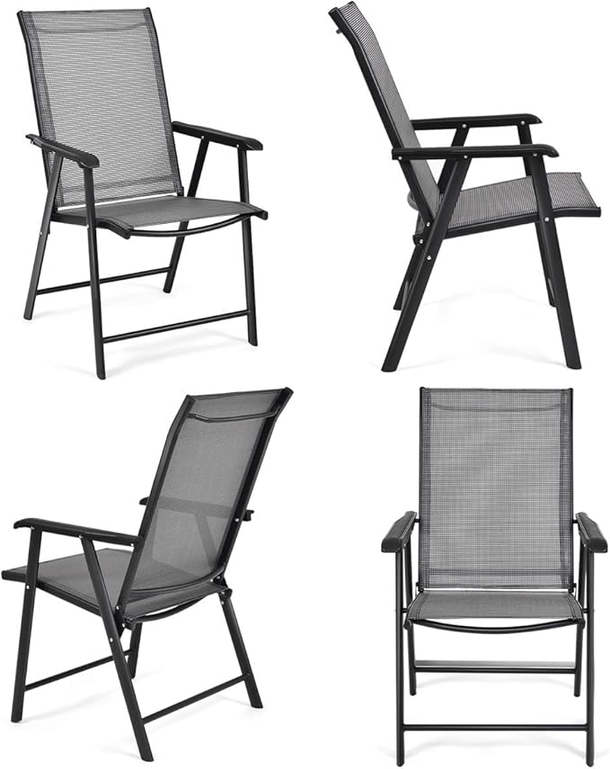Giantex Set of 4 Folding Patio Chairs, Outdoor Portable Dining Chairs for Garden Camping Poolside Beach Deck Lawn, 4-Pack Sling Armchairs, Metal Frame, Grey - Image 8
