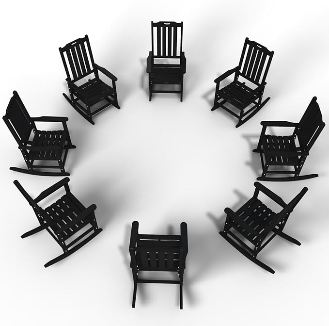 Oversized Rocking Chair Set of 8, Outdoor Rocking Chair for Adults, All Weather Resistant Porch Rocker for Lawn Garden, Black by THOEOE