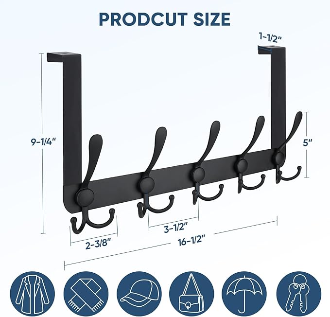 TICONN Over The Door Hooks, 5 Heavy Duty Tri Coat Rack All Metal Coat Hanger - Image 2