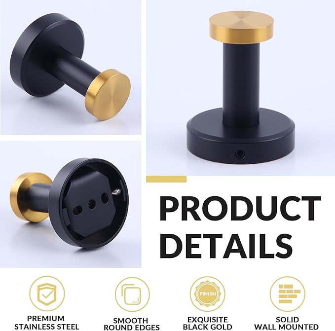 APLusee Black Gold Robe Towel Hook, Stainless Steel Coat Hanger, Clothes Holder - Image 4