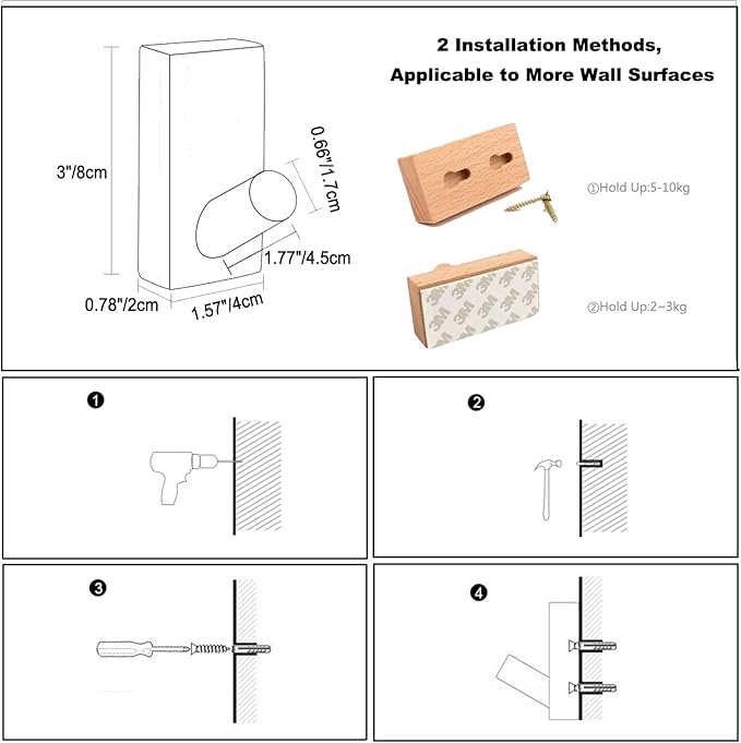 HomeDo Adhesive Wall Hooks Hat Rack, Wooden Coat Hooks Wall Mounted, Decorative - Image 7