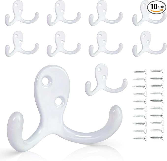 10 Pack Coat Hooks Wall Hooks for Hanging, Heavy Duty Double Prong Metal Hook by CBWLWJ