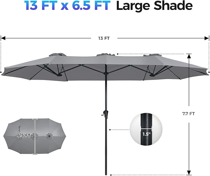SUPERJARE 13FT Outdoor Umbrella for Patio, Double sided Pool Umbrellas with Fade Resistant Canopy, Large Table Umbrella for Deck, Market, Backyard - Gray - Image 7